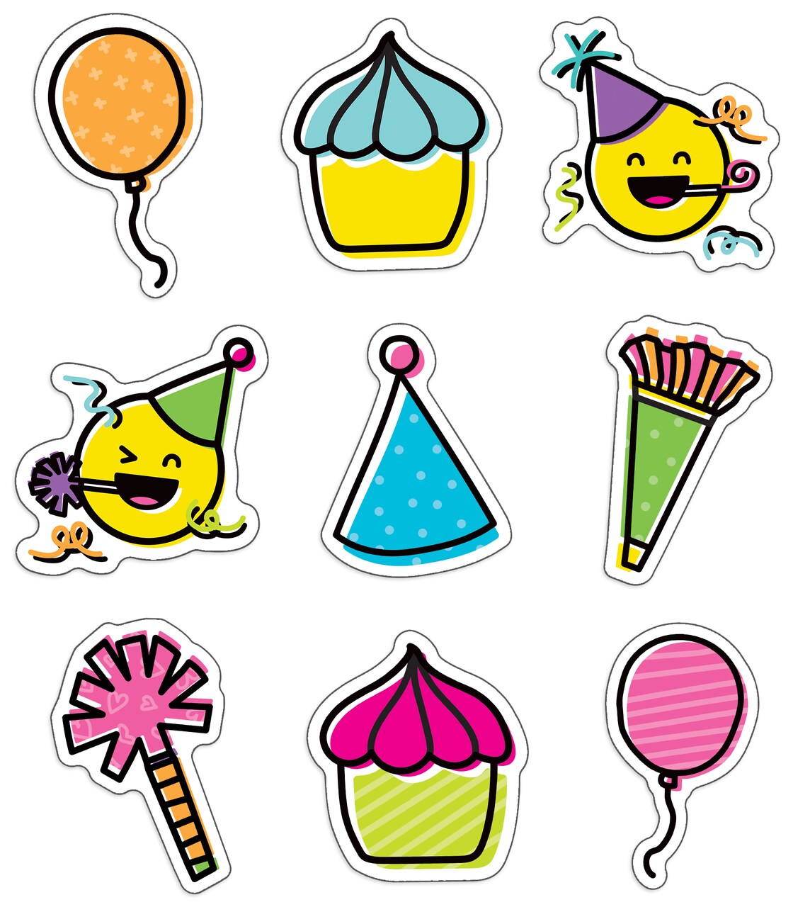 Carson Dellosa Kind Vibes 150-Piece Happy Birthday Cutouts, Colorful Cardstock Balloon, Emoji, and Cupcake Decorations for Party, Bulletin Board, and Classroom Decor